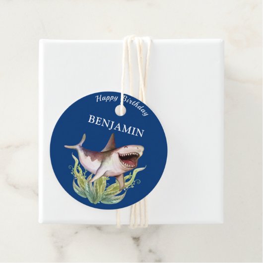 かわいいシャークボーイズ青い誕生日パーティー フェイバータグ (インサイチュ)