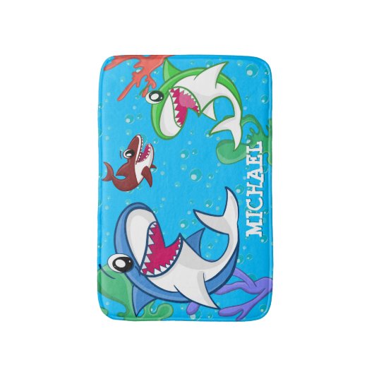 かわいいシャーク海の生活海カスタマイズ可能な名前キッズ バスマット (正面縦)