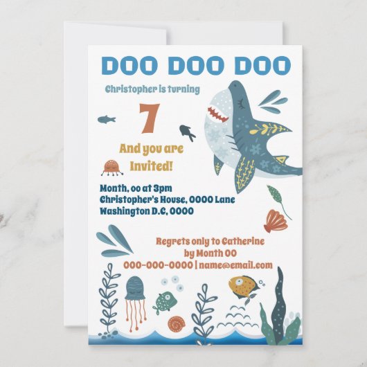 かわいいシャーク漫画イラストレーション子供の誕生日時代 招待状 (正面)