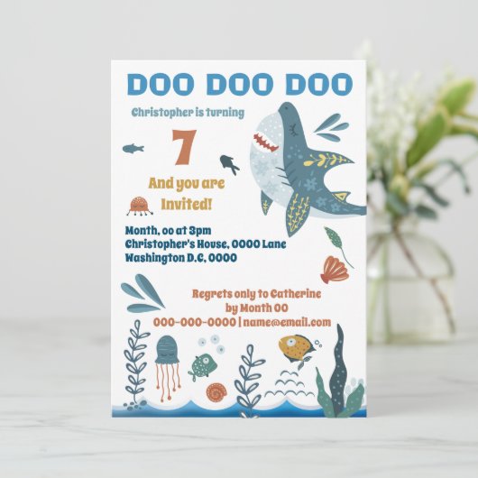 かわいいシャーク漫画イラストレーション子供の誕生日時代 招待状 (スタンド正面)