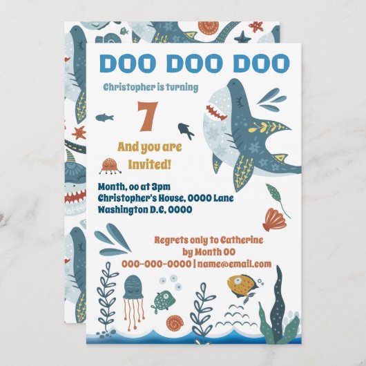 かわいいシャーク漫画イラストレーション子供の誕生日時代 招待状 (正面/裏面)