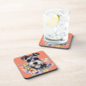 かわいいシュナウザーポートレートと花 コースター (右側)