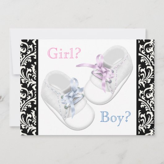 かわいいシューズブラックダマスク性別リビール 招待状 (正面)