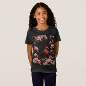 かわいいショウジョウコウカンチョウとピンクの花 Tシャツ (正面フル)