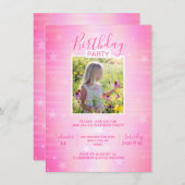 かわいいショッキングピンクのきらめきは女の子の誕生日|の写真を主演します 招待状 (正面/裏面)