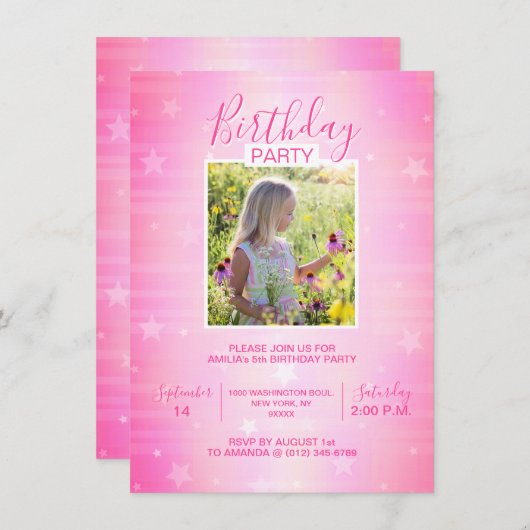 かわいいショッキングピンクのきらめきは女の子の誕生日|の写真を主演します 招待状 (正面/裏面)