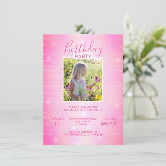 かわいいショッキングピンクのきらめきは女の子の誕生日|の写真を主演します 招待状 (スタンド正面)