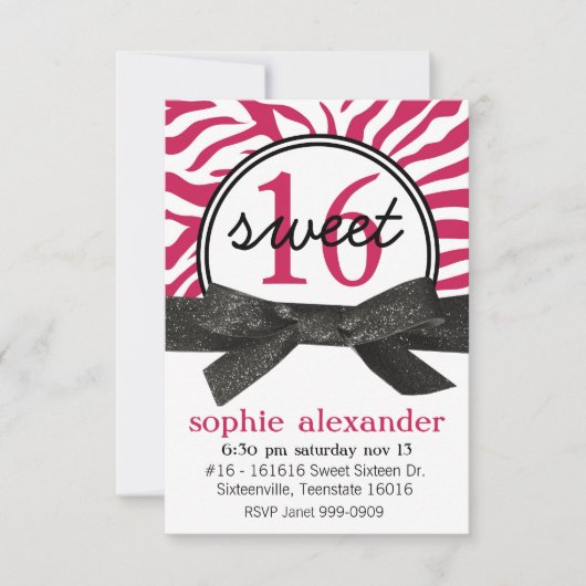 かわいいショッキングピンクのシマウマパターン菓子16のパーティー 招待状 (正面)