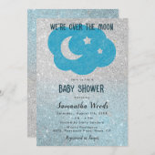 かわいいシルバーとブルーグリッタームーンベビーシャワー 招待状 (正面/裏面)