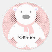 かわいいシロクマのピンク色、名前を追加 ラウンドシール (正面)