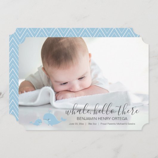 かわいいシロナガスクジラのこんにちはそこにベビーの発表 案内状 (正面/裏面)