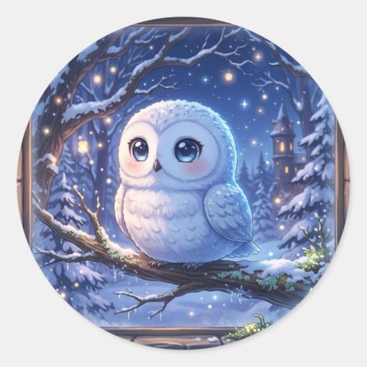かわいいシロフクロウステッカー ラウンドシール (正面)