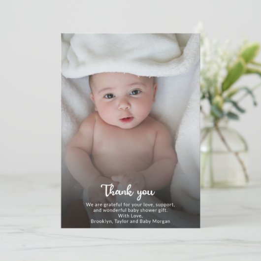 かわいいシンプルありがとうカスタムさんフォト新生児シャワー サンキューカード (スタンド正面)