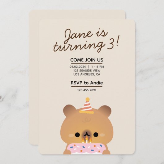 かわいいシンプルおもしろい誕生会 招待状 (正面/裏面)