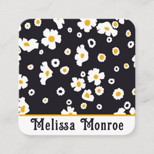 かわいいシンプルきれいな黄色と白の花黒 スクエア名刺 (正面)