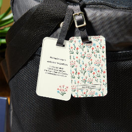 かわいいシンプルな植物画風のピンクブルーの花 フローラル ラゲッジタグ