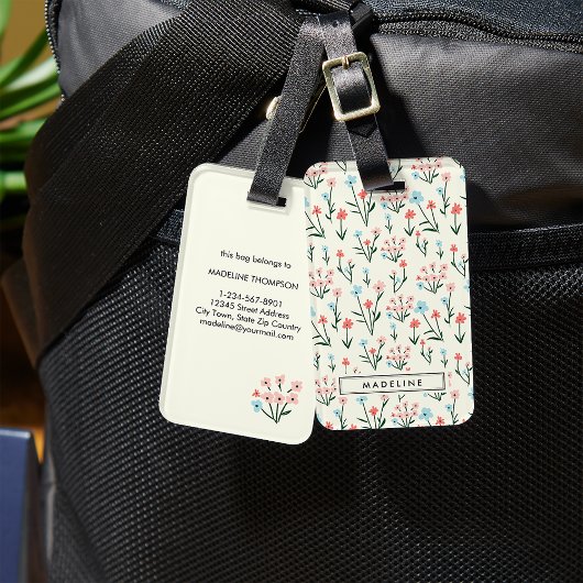 かわいいシンプルな植物画風のピンクブルーの花 フローラル ラゲッジタグ