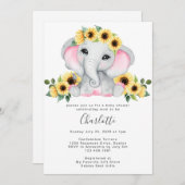 かわいいシンプルひまわり象ベビーガールシャワー 招待状 (正面/裏面)