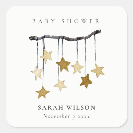 かわいいシンプルイエローニュートラルスターモバイルベビーシャワー スクエアシール (正面)