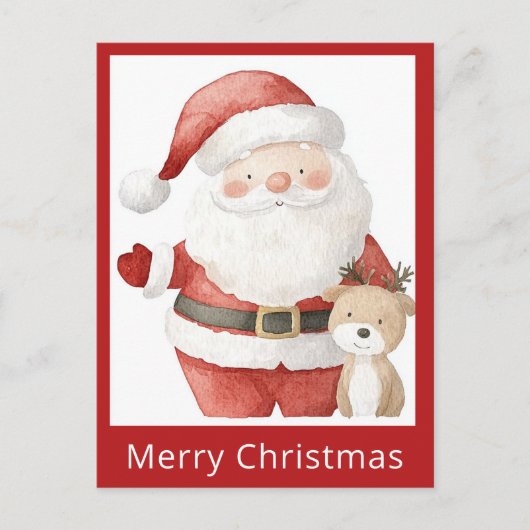 かわいいシンプルクリスマスウォーターカラーサンタトナカイ ポストカード (正面)