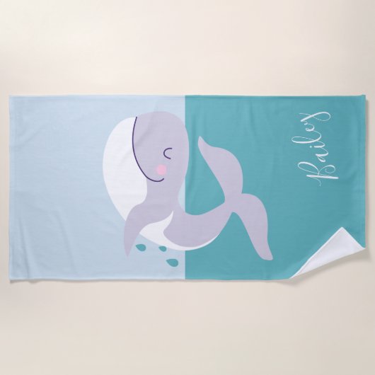 かわいいシンプルグラフィック跳躍クジラ名前をカスタムする ビーチタオル (正面)