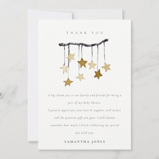 かわいいシンプルスターモバイルニュートラルイエローベイビーシャワー サンキューカード (正面)
