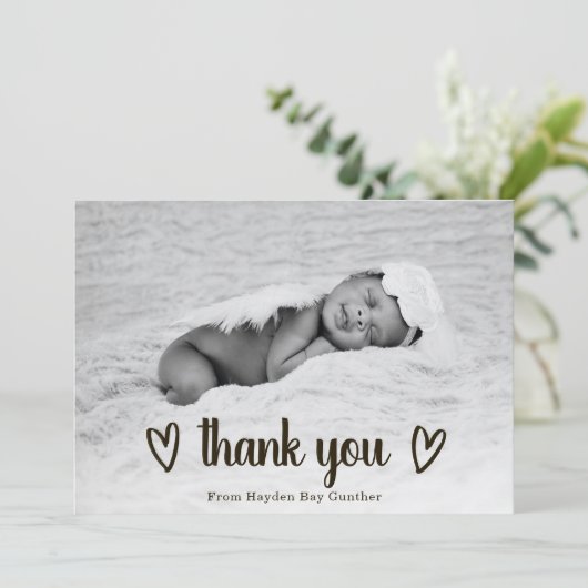 かわいいシンプルハートありがとう写真誕生 案内状 (スタンド正面)