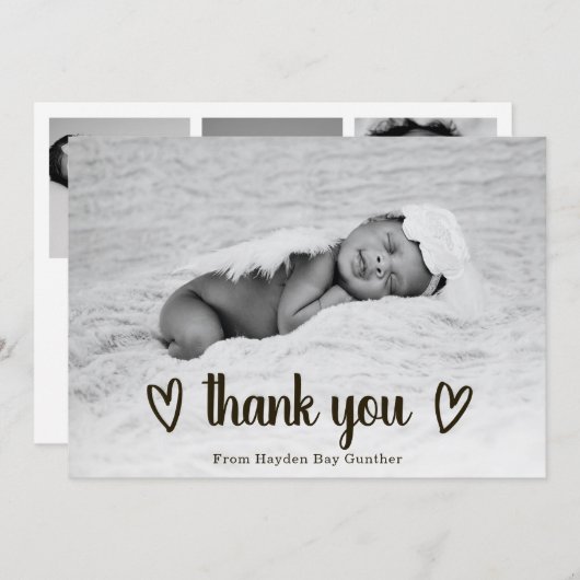 かわいいシンプルハートありがとう写真誕生 案内状 (正面/裏面)