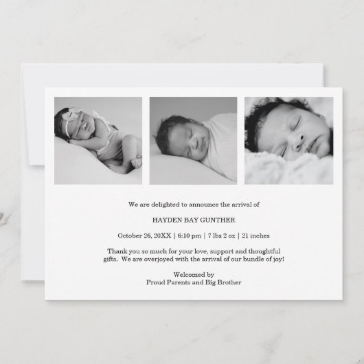 かわいいシンプルハートありがとう写真誕生 案内状 (裏面)