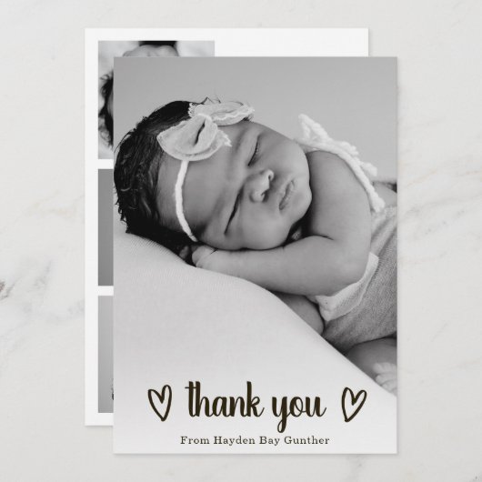 かわいいシンプルハートありがとう写真誕生 案内状 (正面/裏面)