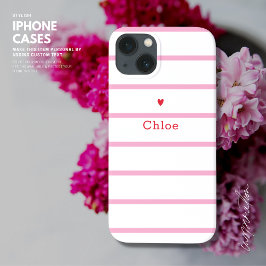 かわいいシンプルハートチニーレッドラブピンクストライプ iPhone 13ケース