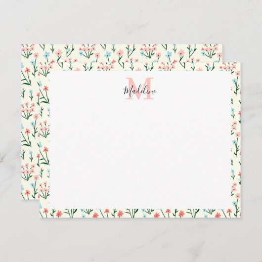 かわいいシンプルバラフラワーピンクモノグラム名 ノートカード (正面/裏面)