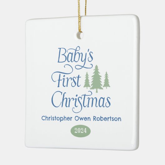 かわいいシンプルブルーホワイトベビー第1回クリスマス セラミックオーナメント (左)