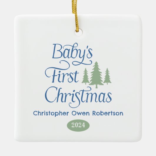かわいいシンプルブルーホワイトベビー第1回クリスマス セラミックオーナメント (正面)