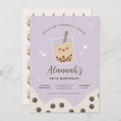 かわいいシンプルボバブルミルクティパープル誕生日 招待状 (正面/裏面)