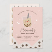 かわいいシンプルボバブルミルクティーピンク誕生日 招待状 (正面/裏面)