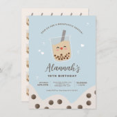 かわいいシンプルボバブルミルクティーブルー誕生日 招待状 (正面/裏面)