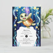 かわいいシンプル子どもウミガメ誕生日 招待状 (スタンド正面)