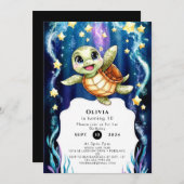 かわいいシンプル子どもウミガメ誕生日 招待状 (正面/裏面)