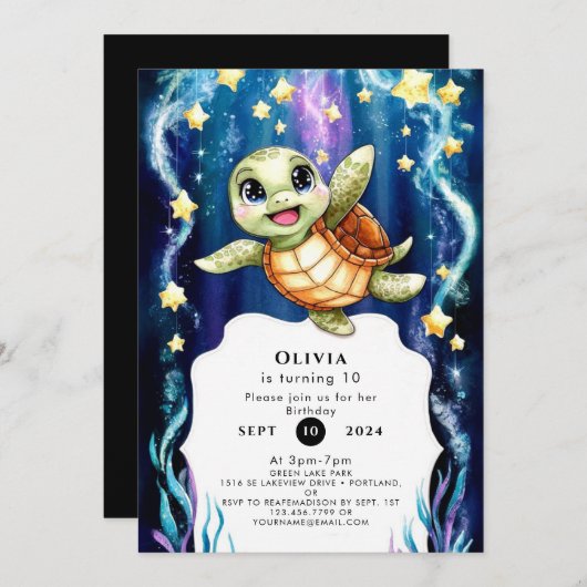かわいいシンプル子どもウミガメ誕生日 招待状 (正面/裏面)