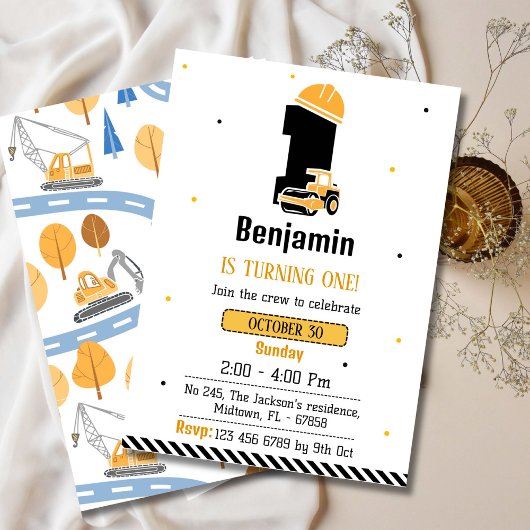かわいいシンプル建築トラックの子供たち1歳の誕生日 招待状