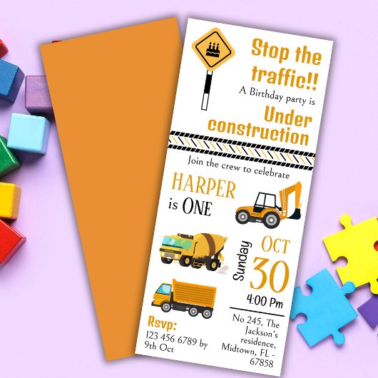 かわいいシンプル建築トラックの子供たち1歳の誕生日 招待状