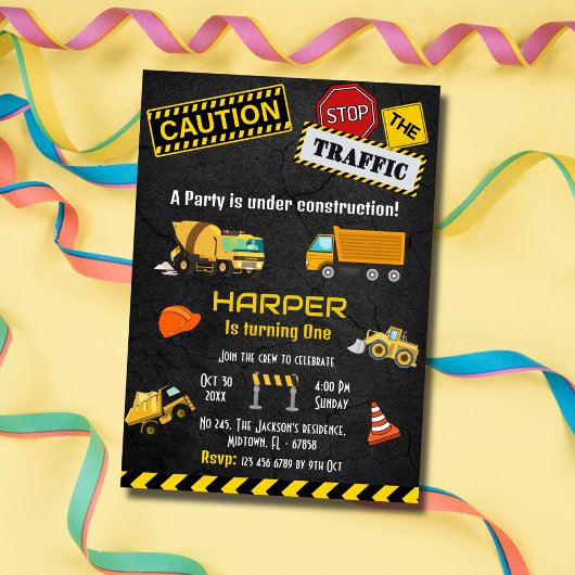 かわいいシンプル建築トラックの子供たち1歳の誕生日 招待状