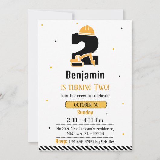 かわいいシンプル建築トラックの子供たち2nd誕生日 招待状 (正面)