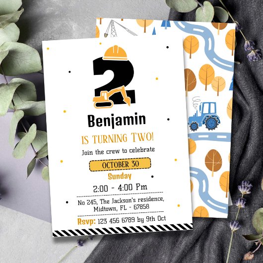 かわいいシンプル建築トラックの子供たち2nd誕生日 招待状