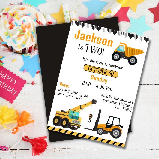 かわいいシンプル建築トラックの子供たち2nd誕生日 招待状