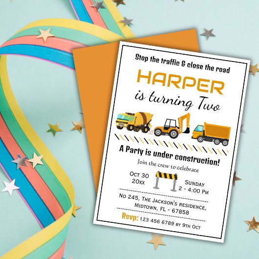 かわいいシンプル建築トラックの子供たち2nd誕生日 招待状
