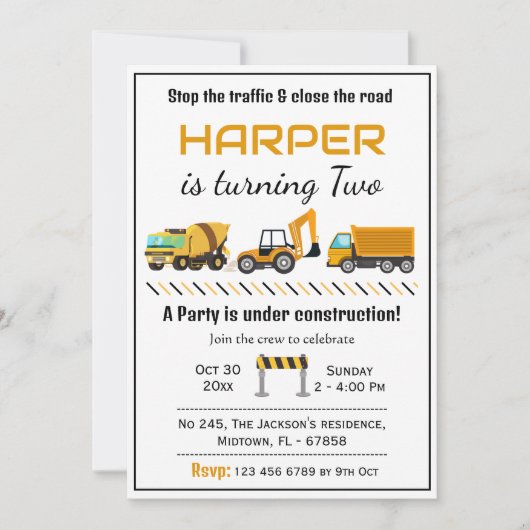 かわいいシンプル建築トラックの子供たち2nd誕生日 招待状 (正面)