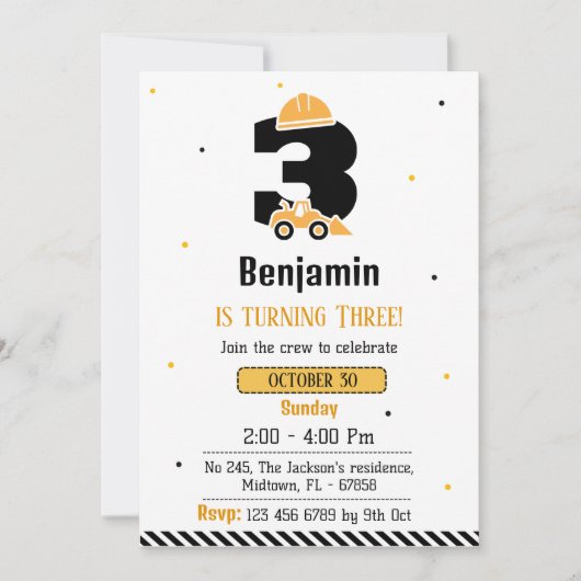 かわいいシンプル建築トラックの子供たち3歳の誕生日 招待状 (正面)