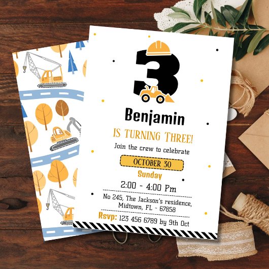 かわいいシンプル建築トラックの子供たち3歳の誕生日 招待状